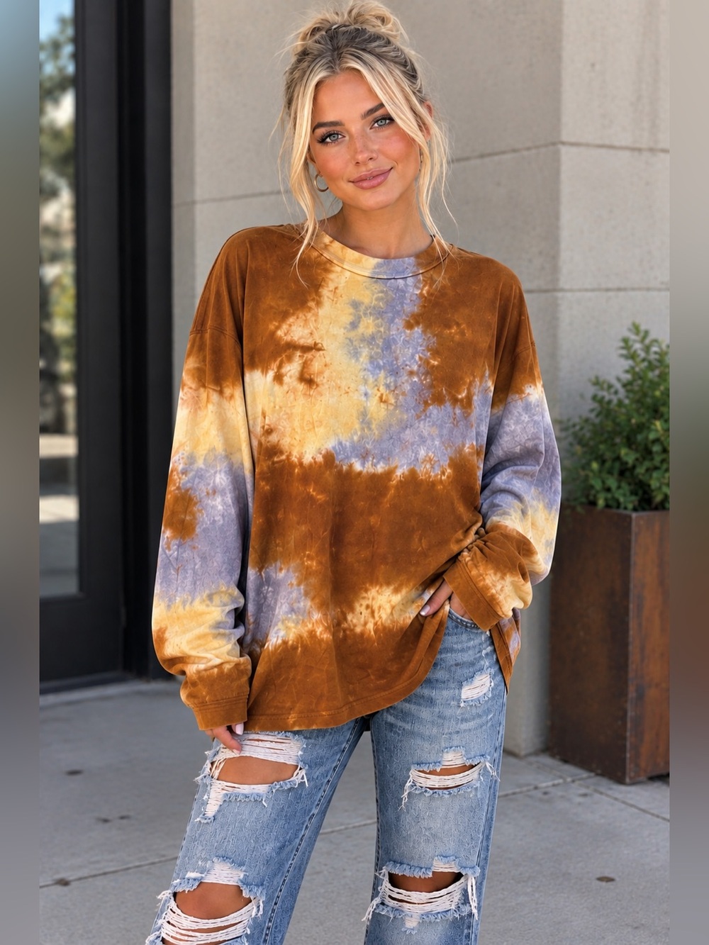 Free People We The Free Be Free Long Sleeve Tunic Top Brown Combo Medium M